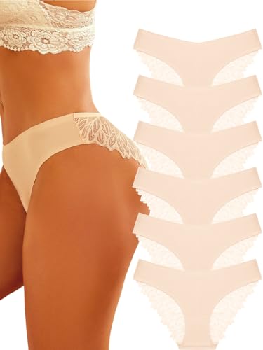 FINETOO Seamless Slips Damen Nahtlose Unterwäsche Spitzen Hipster Frauen Sexy V Waisted Unterhosen Angenehme Panties Passform 6er Pack S-XL