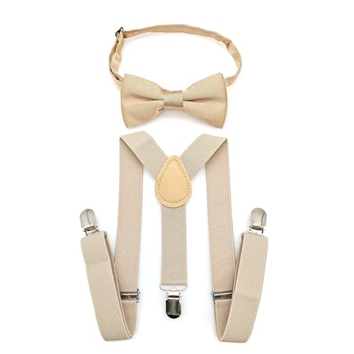 JZK Champagner beige fliege und hosenträger set kinder unter 135 cm, Y-Form 3 Clip Verstellbare Hosenträger mit Fliege für kleine Jungen und Mädchen Für Hochzeit Party und Kostüm