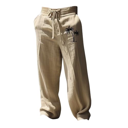 Herren-Leinenhose, grafische Freizeithose, Sommer, Outdoor, Urlaub, Strand, Yoga, offene Unterseite, Lounge-Hose, Übergröße, khaki, 5XL