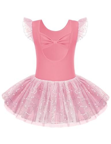 Arshiner Ballettkleider Mädchen Schleife Kurze Ärmel Ballettkleidung Tanzkleid Ballettanzug Kinder Baumwolle Balletttrikot mit Glitzer Tüllrock Korallenrosa 140