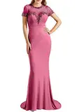 MACloth Women O Neck Beading Long Elegant Wedding Party Dresses Evening Gown (46, Dusty Rose)