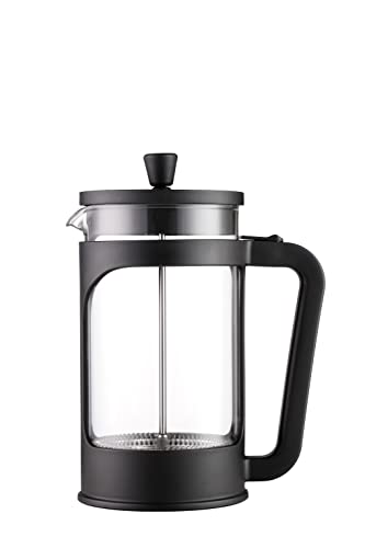 Vier - Französische Kaffeemaschine/Teekanne, 1 Liter / 34 Oz, hitzebeständiges Borosilikatglas, Filter aus Edelstahl und schwarzer Deckel