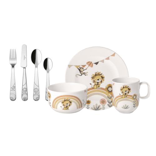 Villeroy & Boch – Boho kids Roar like a lion Kindergeschirr Set 7tlg., Kindergeschirr Porzellan und Edelstahl Besteck, Geschirrset für Kinder, spülmaschinenfest, mikrowellensicher, mehrfarbig