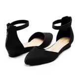 Cusolemore Damen Flache Schuhe Ballerinas mit Knöchelriemen, niedrige Keilabsatz Flats Spitze Zehe für Arbeit, Hochzeit SCHWARZ 43