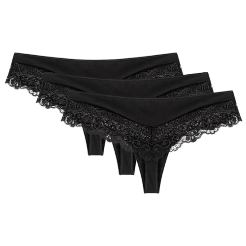 Wolbar Dame Shorts-Strings Spitze Stilvoll Elegant Verführerisch Dessous WB409, Schwarz,XL