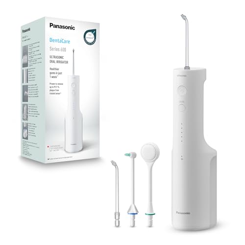 Panasonic Series 600 Ultraschall-Munddusche EW-DJ67-W303, Zahndusche, Munddusche kabellos, 200 ml, IPX7, 2 Ultraschalldüsen, 1 kieferorthopädische & 1 Zungenreinigungsdüse, 5 Wasserdruckstufen, Weiß