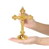 Tissting Kruzifix Stehendes Wand Deko Kreuz 15cm Gold Vintage Gravur Metall Katholisches Jesus Kreuz Tischdekoration Religiöse Geschenke Standkreuz Crucifix Wanddeko