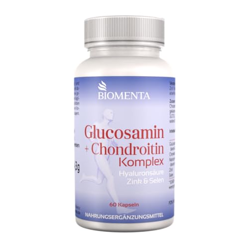 BIOMENTA Glucosamin + Chondroitin Komplex - 60 allergenfreie hochdosierte Kapseln mit Glucosaminsulfat, Chondroitinsulfat hochdosiert + Hyaluronsäure, Zink, Selen - Premiumqualität