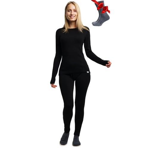 Merino.tech Merino Baselayer Set für Damen - Mittelschwere Thermo-Unterwäsche aus Merinowolle für Damen Oben und Unten (Small, 250 Black)