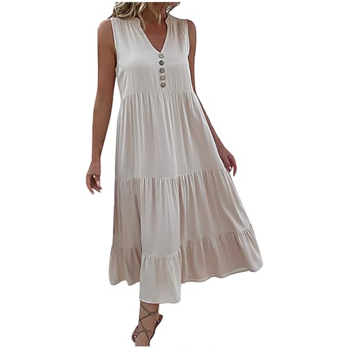 Kurze Brautkleider Standesamt Sommerliches Ärmelloses Plissiertes Maxikleid Lockeres Langes Boho-Kleid mitV-Ausschnitt Rüschenrock Lose V-Ausschnitt Langes Kleider Damen Kleider Sommer 46 (Beige, L)