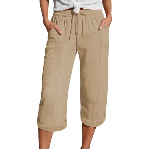 NUOKE Hosen Damen, Musselin Kurze Hose Damen 2025 Sommer Leinen Shorts Beach Hosen Sommerhose Leicht Stoffhose Kleid Leinenhose Bluse, Khaki XXL