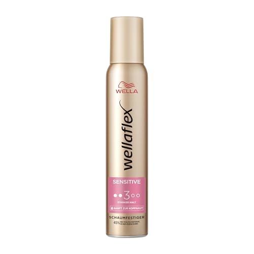 Wellaflex Schaumfestiger Sensitive Starker Halt – parfümfreier Haarschaum für 24h flexiblen Halt ohne Verkleben – mit UV-Schutz und Hair Taming Complex mit Macadamia-Öl – 200 ml