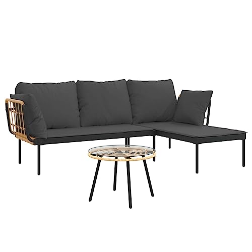 vidaXL Garten Lounge Set 3-TLG., Gartenmöbel Set mit Dunkelgrauen Kissen, Sitzgruppe für Garten Terrasse, Loungemöbel Sofa L-Form, Poly Rattan