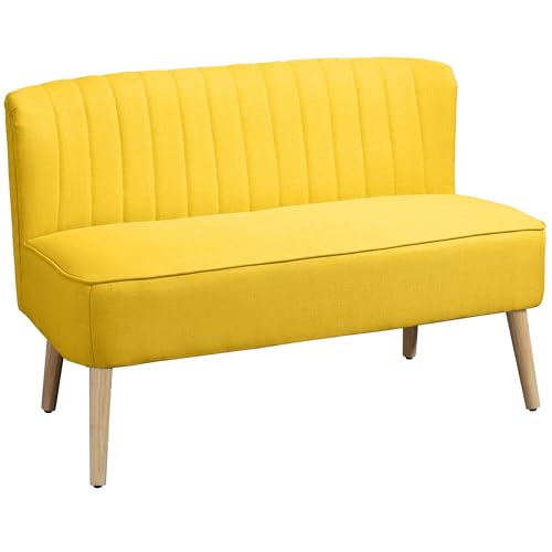 HOMCOM 2-Sitzer Stoffsofa Polstersofa Doppelsofa Retro-Look Sitzmöbel Loungesofa Holzrahmen Gelb 117 x 56,5 x 77 cm