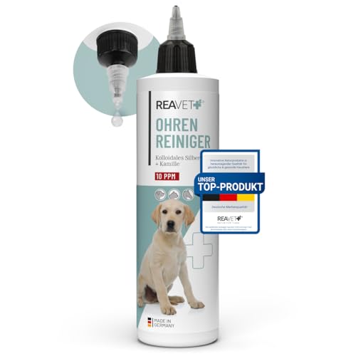 ReaVET Ohrenreiniger für Hunde & Katzen 250ml - Ohrreiniger mit Kolloidalem Silber + Natürlicher Kamille I Mittel zum Ohr Reinigen für Hund, Katze, Pferd