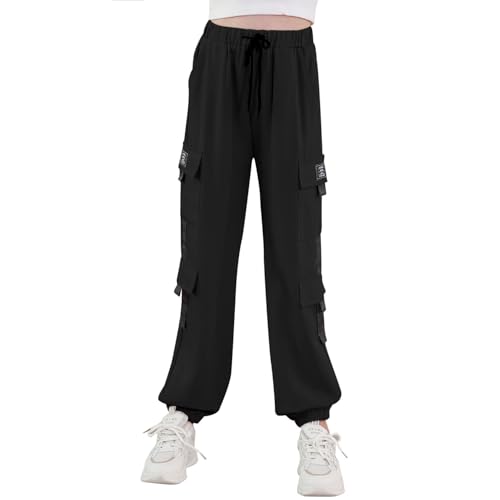 SFreeBo Hosen Für Jungen Cargohose Baggy Track Pants Jungen Stretch Cargo Pants Zuhause Schule Outdoor-Aktivitäten mit Elastischem Bund Mehrfachtasche 12-13 Jahre Schwarz