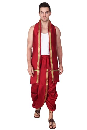 Rameshwaram Fabrics Herren Silk Ready to Wear Dhoti für Männer (Readymade Dhoti Hose mit Dupatta), geeignet mit Kurta, Einheitsgröße, Kastanienbraun, Free Size