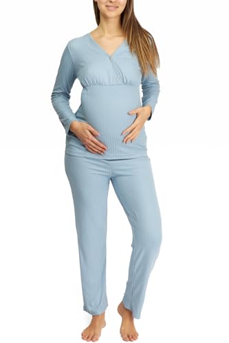 Womum Stillpyjama Damen Lang, Weichheit und Pflege für Mama, Umstandspyjama, Schwangerschaft Pyjama, Leichter und kühler Pyjama, ideal für Frühling und Sommer (M, Blau)