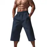 Generisch Hose Herren Sommer Corduroy Bequem und Locker Shorts Weich Baumwolle Sport Kurze Hosen Männer Mode Freizeitshorts Elastische Taille mit Taschen, Schlaghose LeinenShorts Jogger(Marine,XXL)