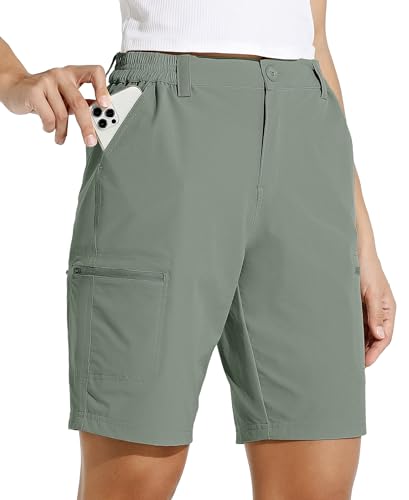 WILLIT Damen 10" Cargoshorts Wanderhose Stretch Golf Aktiv Lang Shorts Schnelltrocken Wander Outdoor Leichte Sommer Reise Shorts Graugrün XXL