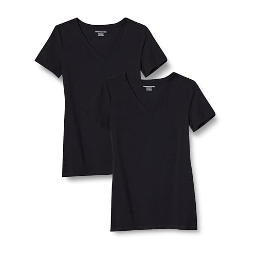 Amazon Essentials Damen Kurzärmeliges T-Shirt mit V-Ausschnitt, Klassischer Schnitt, 2er-Pack, Schwarz, XL