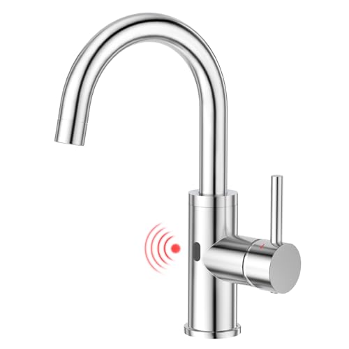 CREA Infrarot Wasserhahn 360° drehbar mit Automatischer Sensor Berührungslose, Einhebelmischer Armatur für Waschbecken Bad/Spülbecken Küche aus Edelstahl poliert verchromt