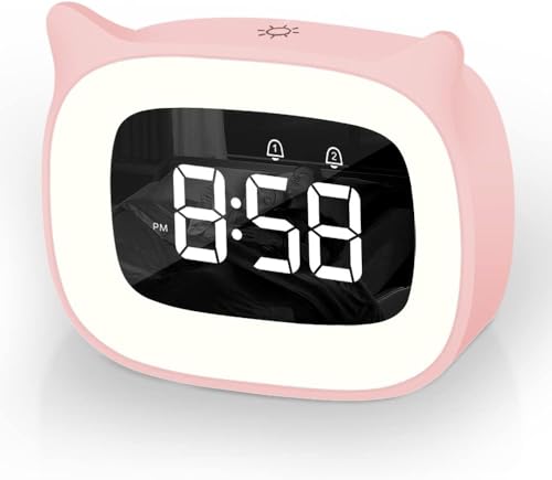 Aoreun Wecker Digital Kinder, Dual-Wecker mit licht Digital, Cute Katzen Kinderwecker Nachttischlampe Snooze Funktion 18 Musik 5 Helligkeitsmodus, zeitgesteuertes Nachtlicht wecker - Rosa