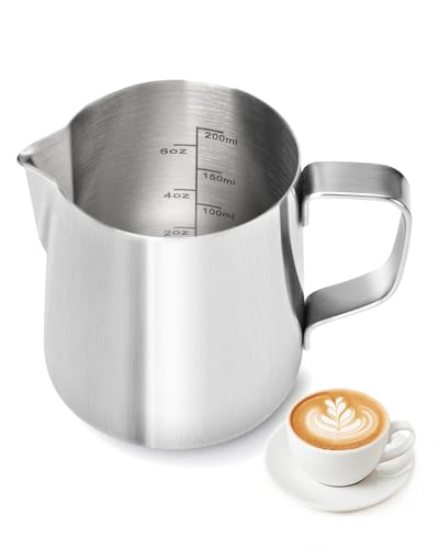BS-VOG Milchkännchen 200ml, Edelstahl-Milchaufschäumkanne mit Messskala für Kaffeemaschine, Kleine Milchkanne für Zuhause Barista Cappuccino Espresso, Rostbeständige Latte Art Tasse