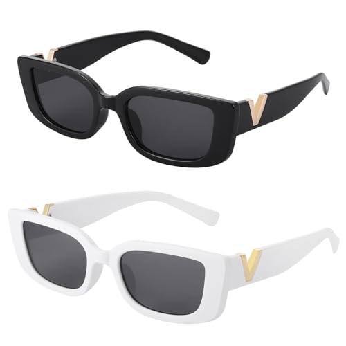 Fentar 2 Stück Vintage Sonnenbrille, UV 400 Schutz Sonnenbrille Damen, Rave Sonnenbrille Party Sonnenbrille Trend sachen, Stilvoll Retro Sonnenbrillen Set für Damen Mädchen Teens (Weiß, Schwarz)