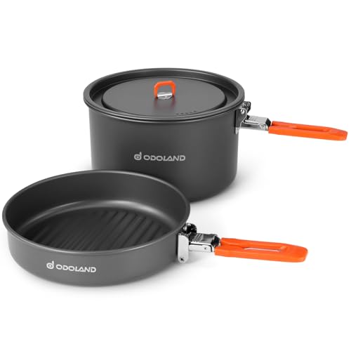 Odoland Camping Geschirr Set mit Camping Topf 2.4 L, Camping Bratpfanne 1.2 L, Camping Kochset für Camping Outdoor Kochen Wandern Reisen