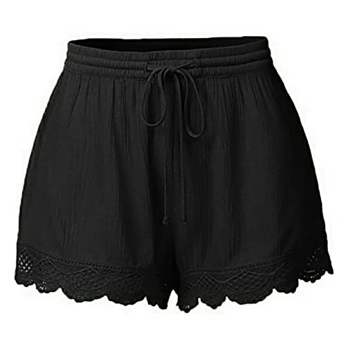 Generisch Shorts Damen Sommer Lässige Kurze Hose High Waist Kordelzug Elastische Taille Baggy Shorts Spitzenrand Baumwolle Kurze Hosen Bequeme Freizeit Strand Stoffhose Angebote Schwarz M