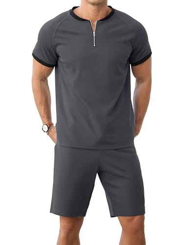 IWOLLENCE 2 Teiler Herren Sommer Poloshirt mit Reißverschluss und Sportshorts mit Taschen Fashion Outfit für Freizeit im Freien Herren Set (Dark Gray, M)