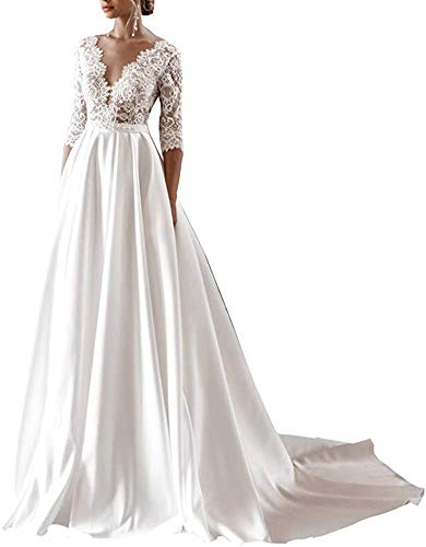 WZEFEIO Standesamtliche Satin Strand A-Linie Spitzen Brautmode mit Schleppe, Weiß, 38