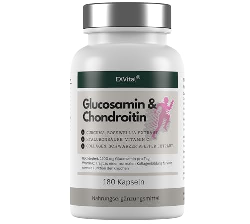 Glucosamin Chondroitin hochdosiert - 1200 mg pro Tag- mit Curcuma, Weihrauch, Hyaluronsäure, Vitamin C, Collagen & Piperin -180 vegane Kapseln, laborgeprüft