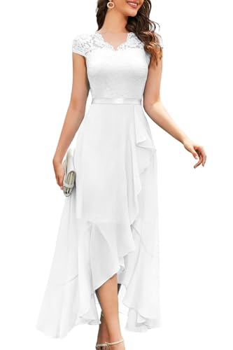 Bbonlinedress Weißes Kleid Abendkleider elegant für Hochzeit Spitze Chiffon Vokuhila Ballkleid lang Brautjunferkleid White M