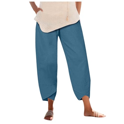 Sporthose für Damen Damen Fashion Elastic Waist Pant with Pocket Lose Harem Pants Printed Crop Pants Damen Einfarbig Einfach Spleißen Taschen Lose Lässig Neun-Minuten-Hose Hosen Pants (Blue, M)