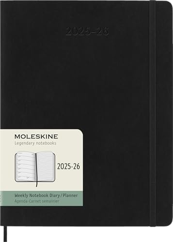 Moleskine Wochen-Notizkalender 2025-2026, 18-Monats-Wochenplaner mit Notizplatz, Weiche Einband und Gummiband, XL 19 x 25 cm, Schwarz