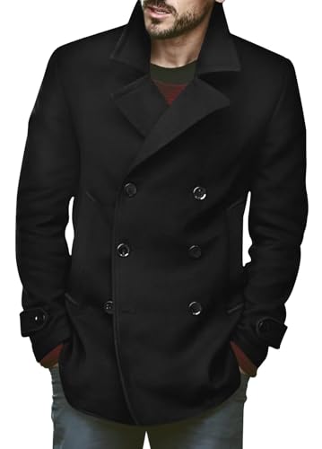 Runcati Herren Klassischer Zweireiher Mantel Slim Fit Winterjacken Casual Lange Jacke Warme Business Trenchcoat Schwarz Mittel