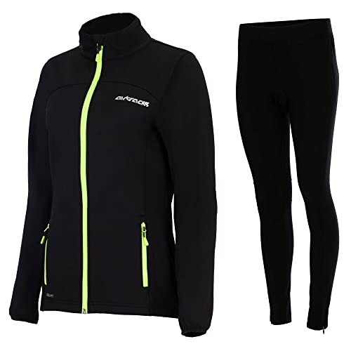 Airtracks Damen Thermo Winter Fahrradtrikot Set Pro Line - Thermo Fahrradjacke Pro Line + Thermo Fahrradhose Lang - Warm Winddicht - schwarz - L