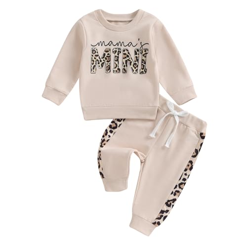 Geagodelia Baby Mädchen Kleidung Babykleidung Outfit Set Langarmshirt Sweatshirt + Leopard Hose Neugeborene Weiche Babyset Mama's Mini Zweiteiler (Beige A, 6-12 Monate)