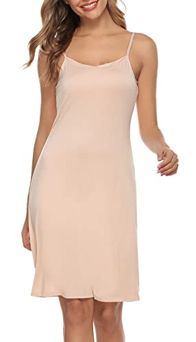 Vlazom Damen Unterkleid mit Trägern Unterröcke Sexy Negligee Full Slip Miederkleider Nachthemd Nachtwäsche(M,Stil A-Beige)