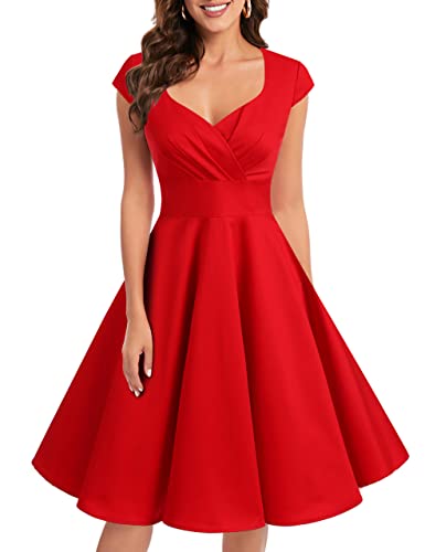 bbonlinedress 1950er Vintage Retro Cocktailkleid Rockabilly V-Ausschnitt Faltenrock Red 2XL