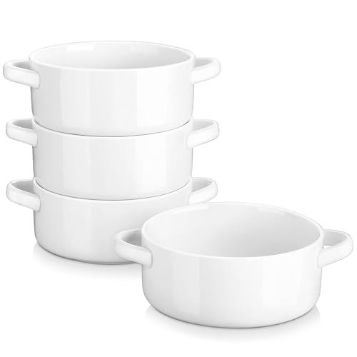 MALACASA Suppenschalen mit Griffen, 800 ML Porzellan Suppenschalen Set von 4, Elfenbein weiß servieren Suppe Crocks Schalen für Französisch Zwiebelsuppe, Getreide und Eintopf, Weiß Serie Regular