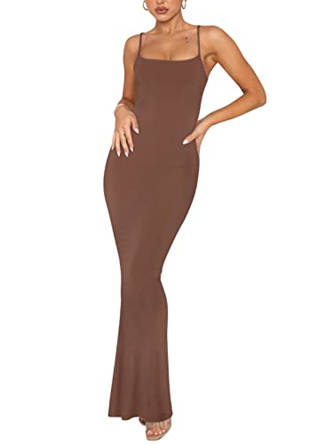 REORIA Damen Sexy Lounge Slip Langes Kleid Elegantes Hochzeitsgast ärmelloses rückenfreies Geripptes figurbetontes Maxikleid Kaffee M