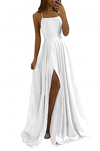 xxxiticat Damen Elegant Lange Ballkleider Satin A-Linie Hochzeitskleid Abendkleider Sexy Neckholder Spaghetti Brautkleid Kleider Lang Prinzessin Brautjungfer Kleid(WH,XL)
