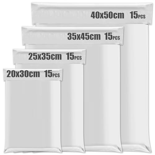 60 Stück Plastik Versandbeutel, Wasserdichte Versandtaschen Warensendung, Versandtüten Für Kleidung mit Selbstklebeband, Grau Blickdicht, Geeignet für Warenverpackung, Logistischen Versand(4 Größen)