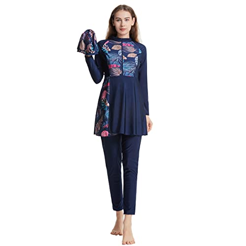 Burkini Damen Muslim Muslimische Badeanzug Frauen Langarm Zipper Blumen UV Schutzkleidung Badeshirt+Schwimmhose+Badekappe Hijab 3tlg Ganzkörper Islamisch Arabisch Jilbab Modest Bademode Dunkelblau M