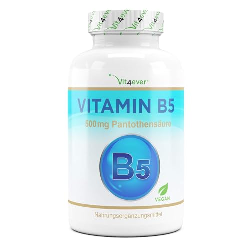 Vitamin B5 mit 500 mg - 180 Kapseln - Pantothensäure - Hochdosiert - Vegan - Laborgeprüft (Wirkstoffgehalt & Reinheit) - B Vitamin für Haut & Nerven - Premium Qualität