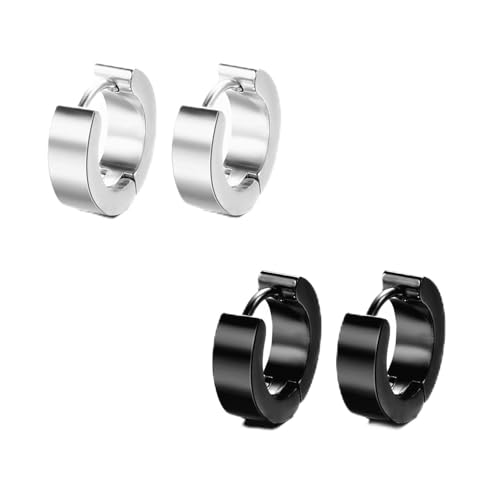 2 Paar Edelstahl Ohrringe für Herren und Damen, Ring Ohrring Scharnier rund, zum Anklipsen, ohne Piercing, Creolen aus Edelstahl, Silber/Schwarz