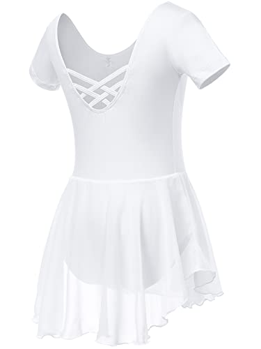 Soudittur Ballettkleidung Mädchen Ballettkleid für Kinder Baumwolle Balletttrikot Kurzarm Ballettanzug Tanzkleid Tanzbody mit Chiffon Rock Tütü(130,Weiß)